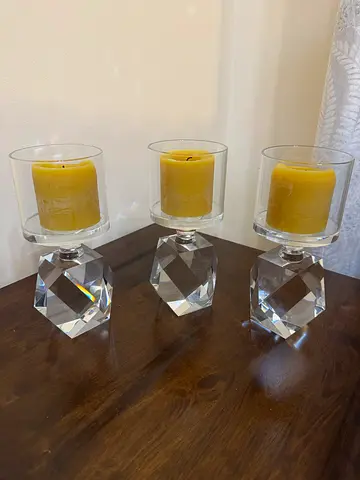Set of 3 Crystal Candle Holders with Glass Covers and Yellow Candles
