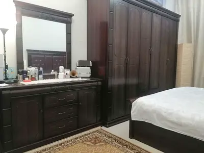 Dark Wood Bedroom Set — Wardrobe, Dresser with Mirror and Bed