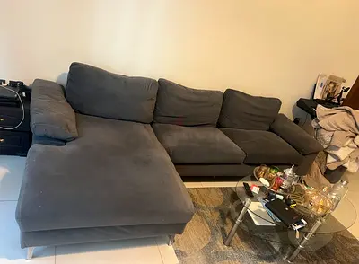 Gray L-shaped Fabric Sofa with Chaise- with free covers- URGENT SELLING today for 40 due to space.