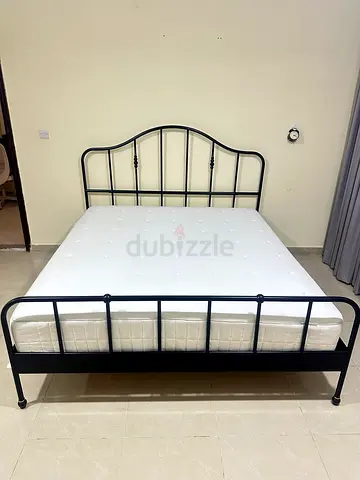 Black Metal Double Bed Frame with Mattress almost new, king size 180cm x 200cm from ikea