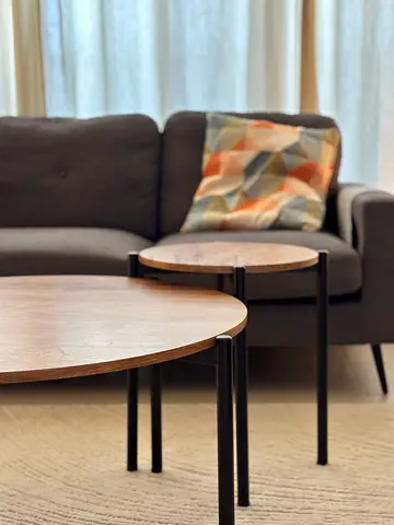 Set of 2 Round Nesting Coffee  Side Tables - Wood Top, Black Legs