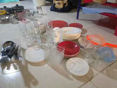 Assorted Dinnerware Set — Plates, Glasses, Bowls  Cutlery (Good Condition)