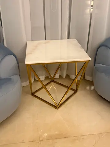 White Marble Top Side Table with Gold Geometric Base
