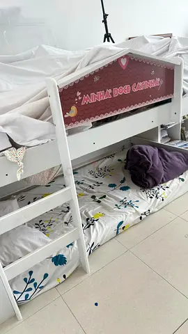 White wooden kids bunk bed with ladder — used, good condition