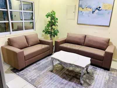 Pair of Brown Fabric 2-Seater Sofas — Modern, Good Condition