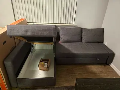 Grey L-shaped Storage Sofa Bed — Compact Corner Couch with Underseat Storage