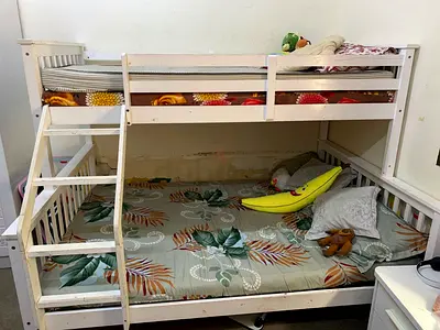 White Wooden Bunk Bed with Ladder — Double on Bottom, Single on Top