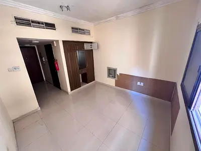 A spacious studio apartment with a semi-separate kitchen, built-in wardrobes, and full maintenance