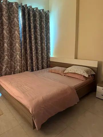 Queen bed frame with headboard and bedside drawer - good condition