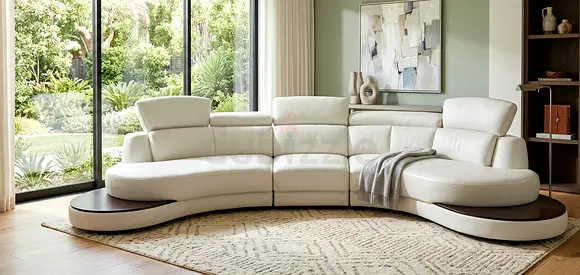 Modern Curved White Leather Sectional Sofa with Integrated Side Tables