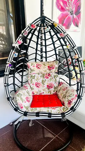 Hanging Egg Rattan Swing Chair with Floral Cushions