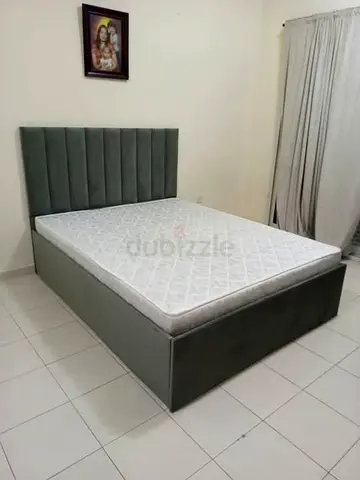 Upholstered Double Bed with Headboard and Mattress - Grey