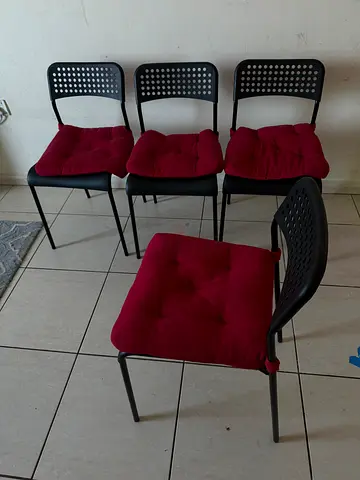 Set of 4 Black Metal Dining Chairs with Red Cushions and white heigh chairs