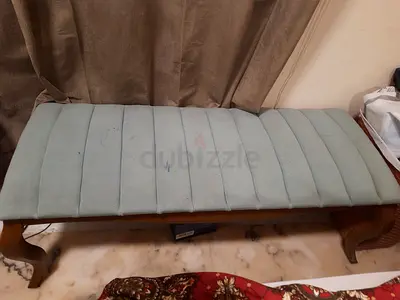 Vintage Long Upholstered Bench with Wooden Legs
