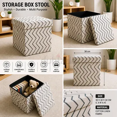 Foldable Storage Box Stool - Cotton Linen Ottoman (30x30x30 cm)