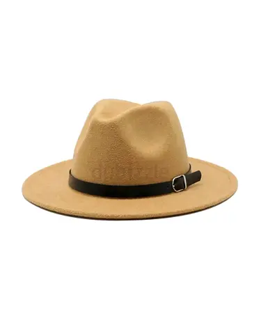 Beige Felt Fedora Hat with Black Leather Band