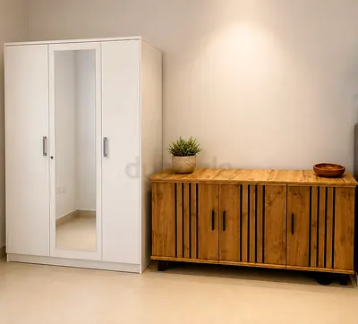 White 3-Door Wardrobe with Mirror + wooden shoe cabinet