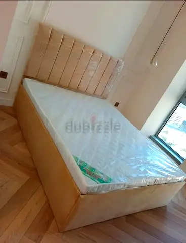 Beige Upholstered Double Bed with Headboard and Mattress (Like New)