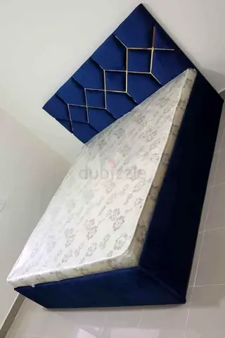 Blue velvet double bed with mattress - brand new
