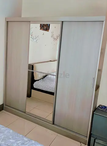 3-Door Sliding Wardrobe with Mirror - Light Wood Finish