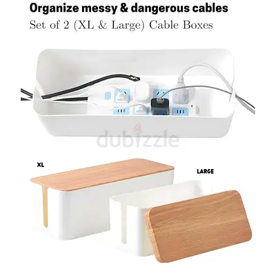 Set of 2 Cable Organizer Box with Wooden Lid