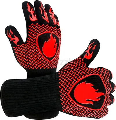 1pc BBQ Grill Gloves Heat Resistant 800°C Fireproof NonSlip Silicone Oven Gloves with Long Cuff Red