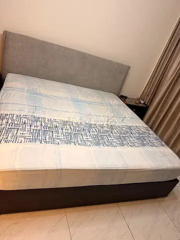 Super King bed frame with upholstered headboard and mattress (used) with a dressing set.