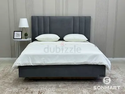 Gray Upholstered Double Bed Frame with Padded Headboard -