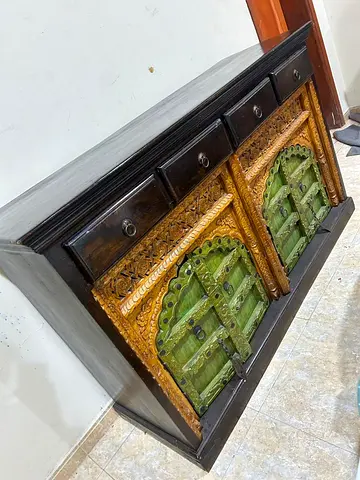 Solid Wood Sideboard with Carved Antique-Style Green Doors
