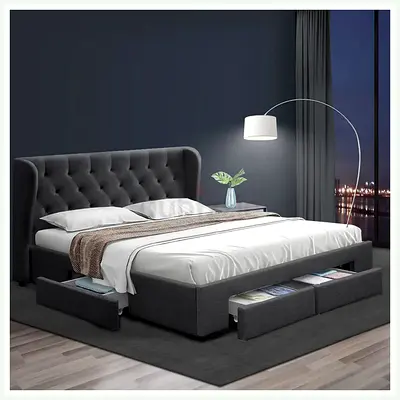 King-size upholstered storage bed with headboard and drawers - Grey