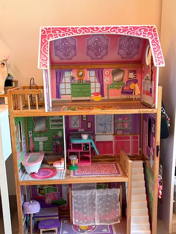 Wooden 3-Storey Dollhouse with Furniture - Good Condition