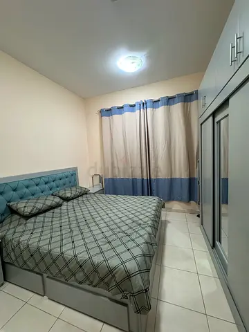 Light grey bedroom set - bed, wardrobe with mirror  dresser