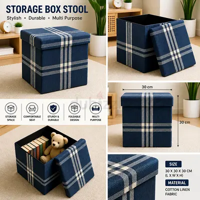 Foldable Storage Ottoman Stool with Lid - Navy Plaid (30x30x30 cm)