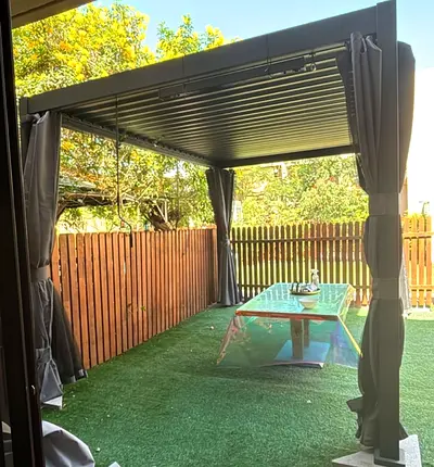 Outdoor Aluminum Pergola with Retractable Roof and Curtains — very Good Condition