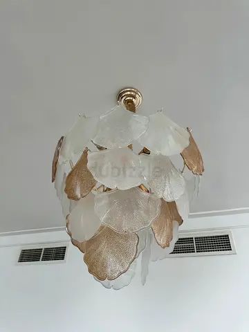 Glass Petal Chandelier - Gold  Frosted Leaves, 5-7 Light Pendant