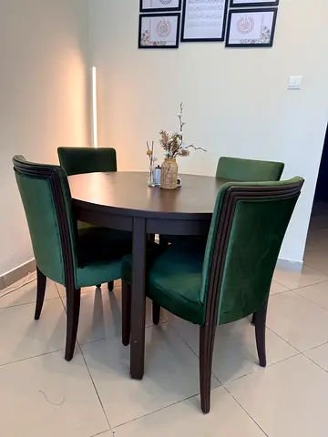 Dark Wood Round Dining Table with 4 Green Velvet Chairs