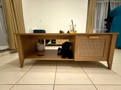Used wooden TV/coffee table with rattan door - light oak finish