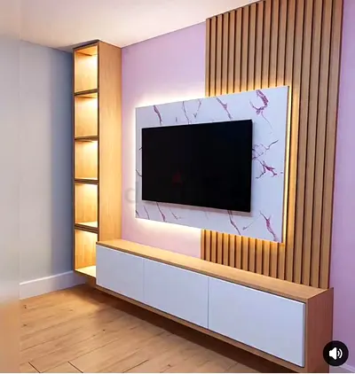 Modern wall-mounted TV entertainment unit with LED backlight and shelving