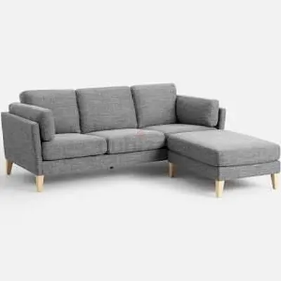 Grey Fabric L-Shaped Sofa with Ottoman — 3-Seater, Modern Design