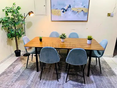 Wooden Dining Table with 6 Velvet Chairs - Modern Set