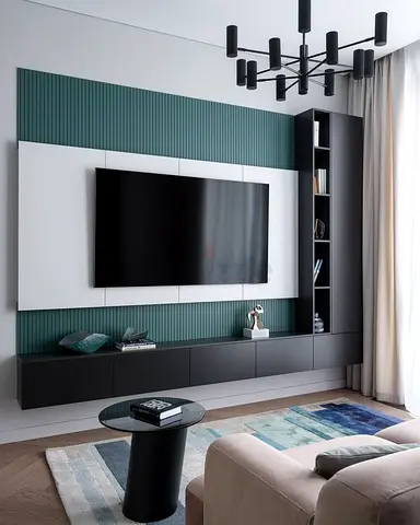 Modern wall-mounted entertainment center with storage and shelving
