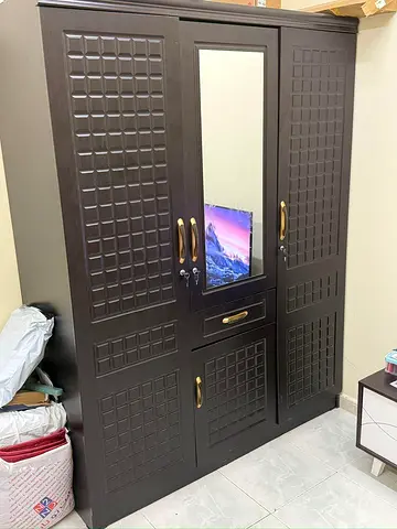 Dark Wood 3-Door Wardrobe with Mirror and Drawers - Good Condition