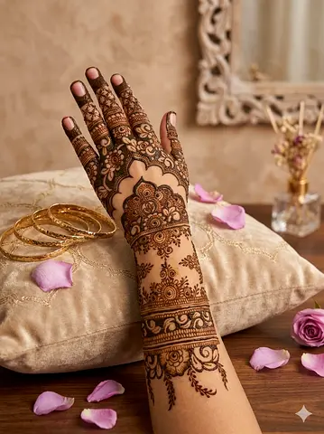 Intricate bridal mehndi/henna design on forearm and hand