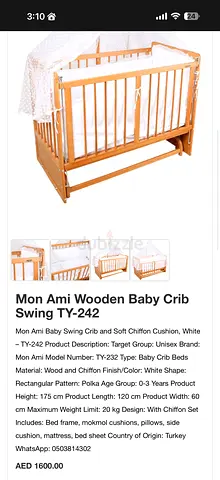 Mon Ami Wooden Baby Crib Swing TY-242 — Light Wood, Includes Canopy  Bedding