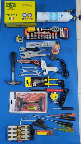 Complete mixed hand tool set with accessories — screws, wrenches, screwdrivers, tape + free tool box
