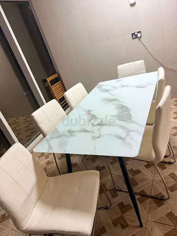 White Marble-Top Dining Table with 6 Padded Chairs