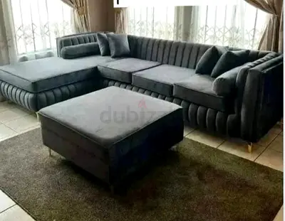 Large L-shaped Velvet Sectional Sofa with Ottoman – Dark Grey