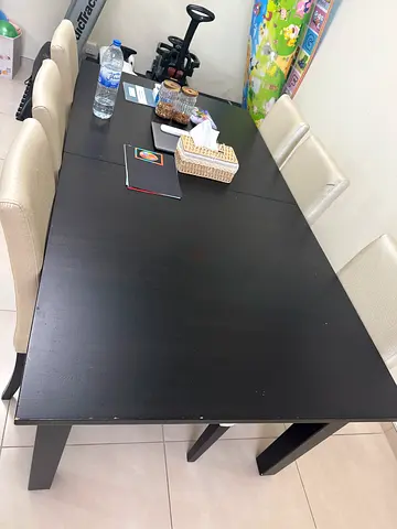 Black Wooden Dining Table with 6 Cream Chairs