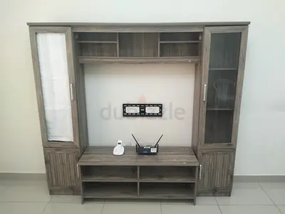 Wooden Entertainment Unit with Glass Cabinets - Grey Oak Finish