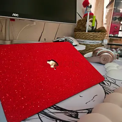 MacBook Pro sparking red/ wood grain protective case .